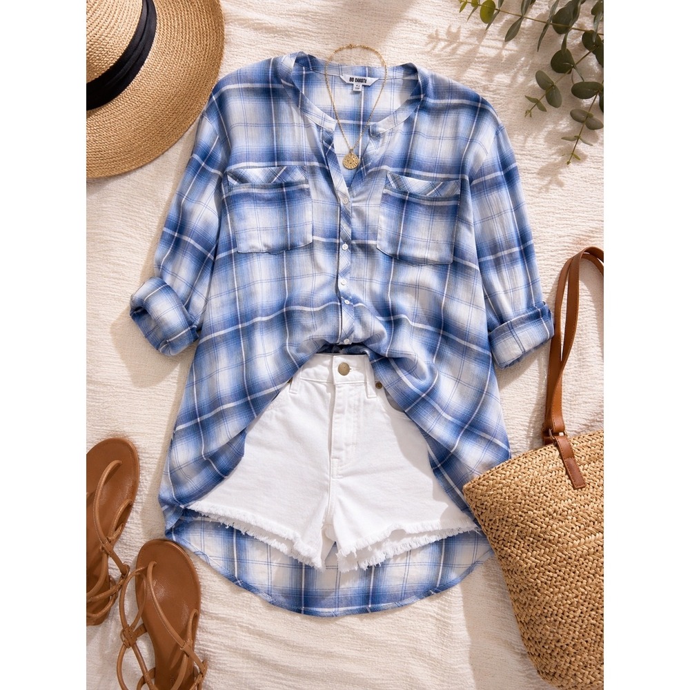 BB Dakota Blue Plaid‎ Tunic Shirt Small Lightweight Gauze Beach Coverup Boho